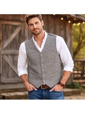 The Territory Ahead Vest Mens Sz XL Gray Wool Waistcoat Tweed Herringbone EUC